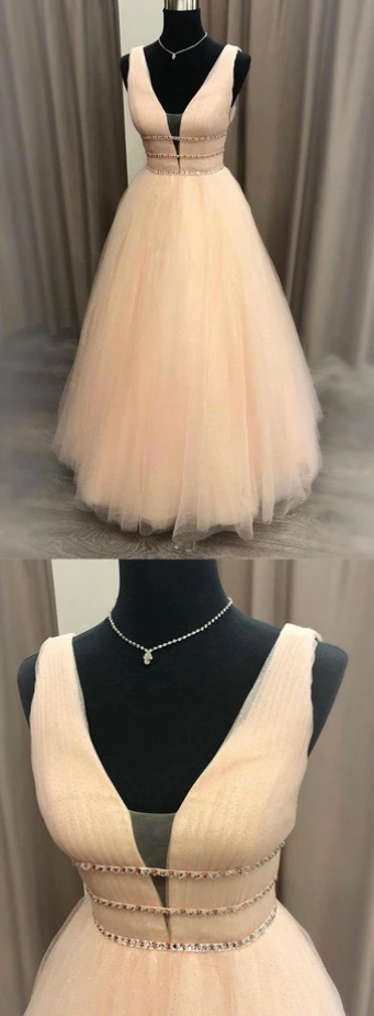Pink Tulle V Neck Beaded Waistline Long A Line Prom Dress, Graduation Dress