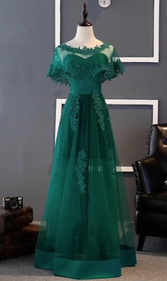 Green Lace Tulle Long A Line Prom Dress, Lace Up Evening Dress