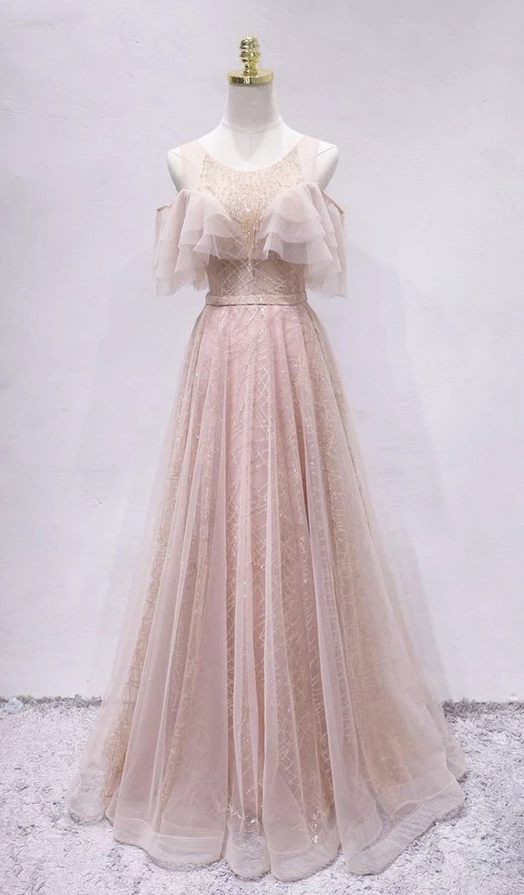 Stunning Pink Tulle Long Senior Prom Dress, Halter Formal Dress With Sleeves