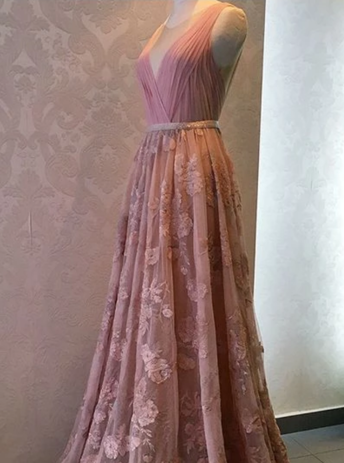 A-line Round Neck Beaded Long Pink Tulle Prom