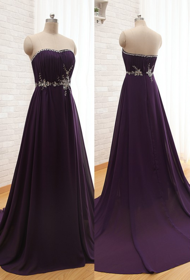 Elegant Purple Long Chiffon Formal Party Dresses Strapless Beaded Crystals Evening Dresses Elegant Women Gown