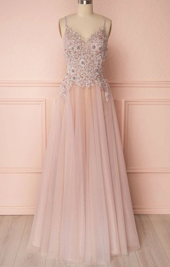 Glamour Spaghetti Straps Pink Backless Prom Dress With Appliques