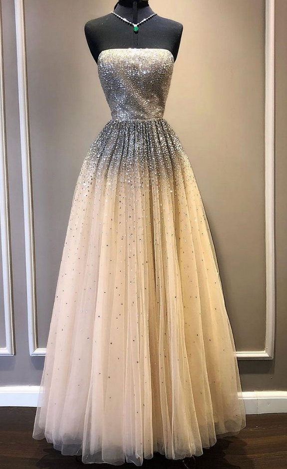 Champagne Tulle Sequin Long Prom Dress, Tulle Formal Dress