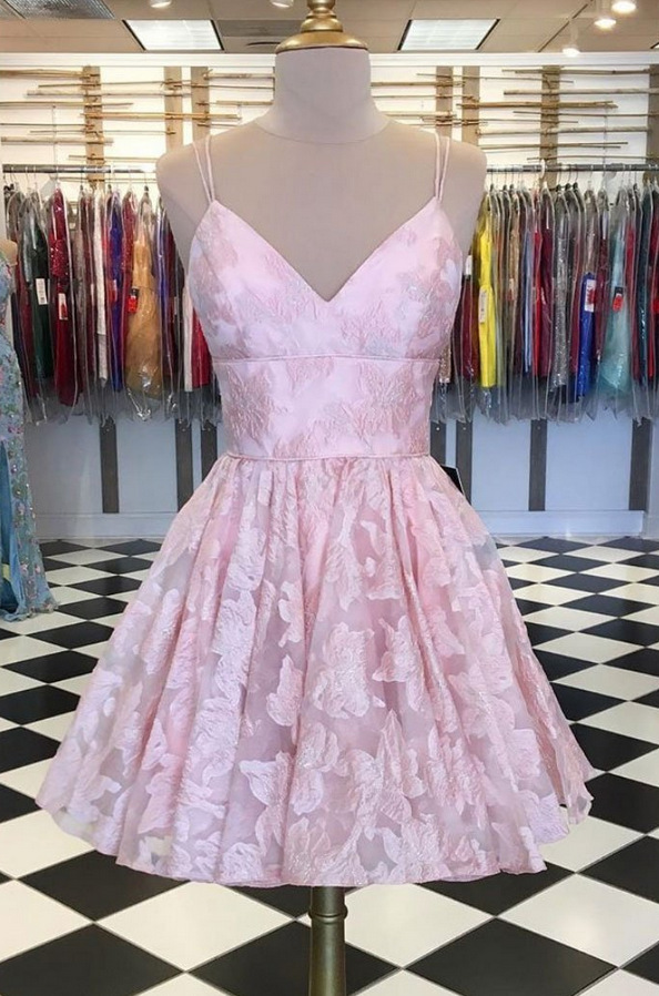 Pink V Neck Lace Short Prom Dress, Pink Lace Homecoming Dress