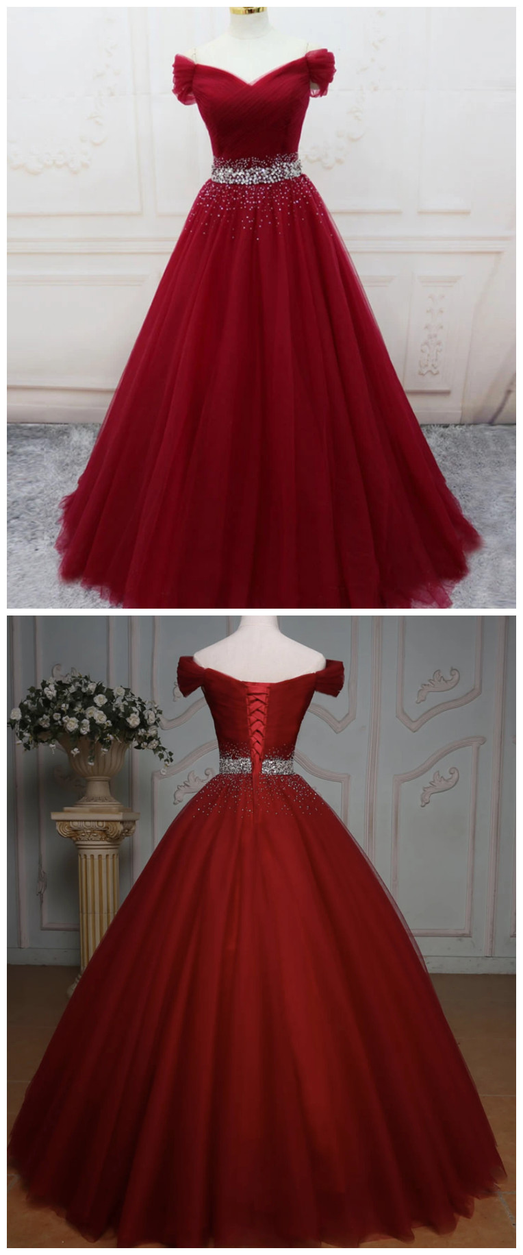 16945 Burgundy Patterned Tulle Dress