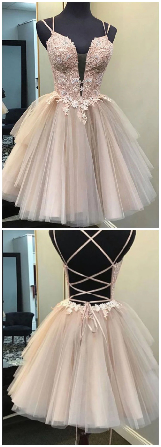 Champagne V Neck Tulle Lace Short Prom Dress Lace Homecoming Dress