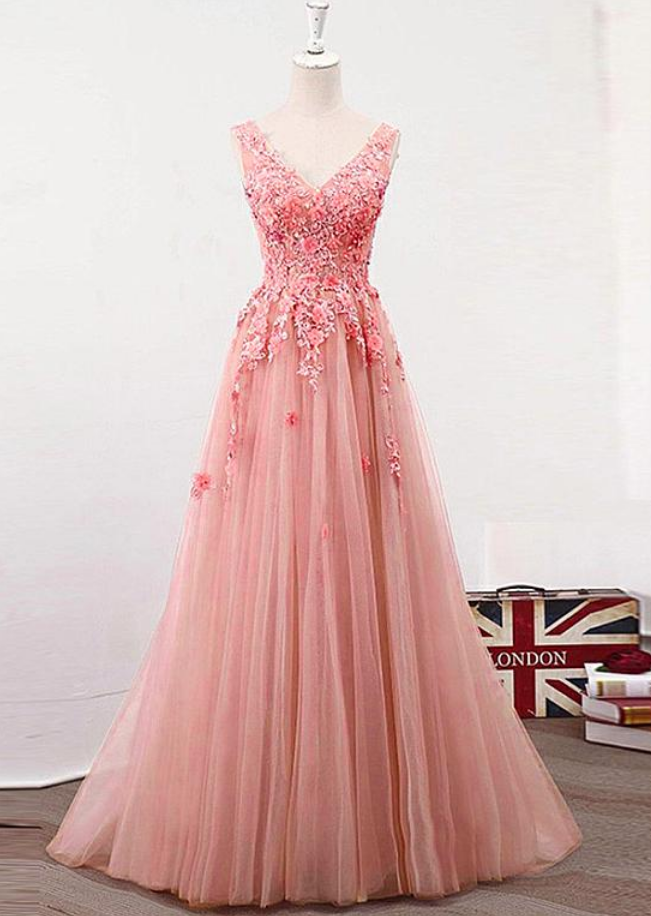 Tulle V-neck Handmade Flowers Pink Prom Dress Tulle V-neck Handmade Flowers Pink Prom Dress