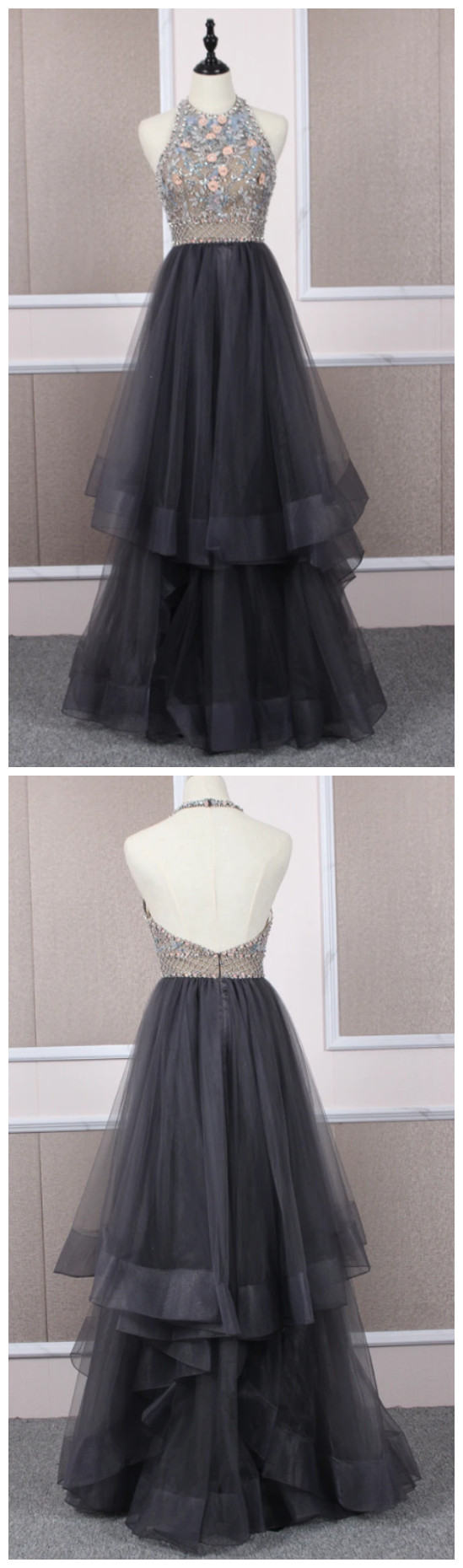 Unique Tulle Beads Long Prom Dress Tulle Long Evening Dress