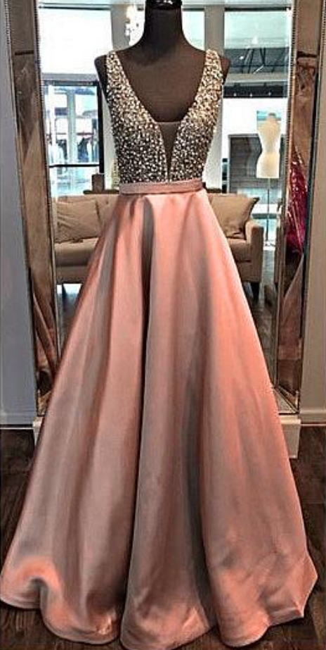 Gorgeous Tulle & Satin V-Neck A-Line Formal Dresses with Beads