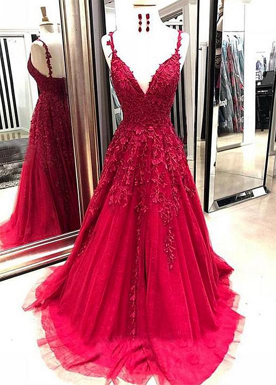 A Line V Neck Applique Tulle Prom Dresses LBQ3927
