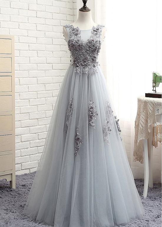 Junoesque Tulle Jewel Neckline Floor-length A-line Prom Dresses With Lace Appliques & Beaded 3d Flowers