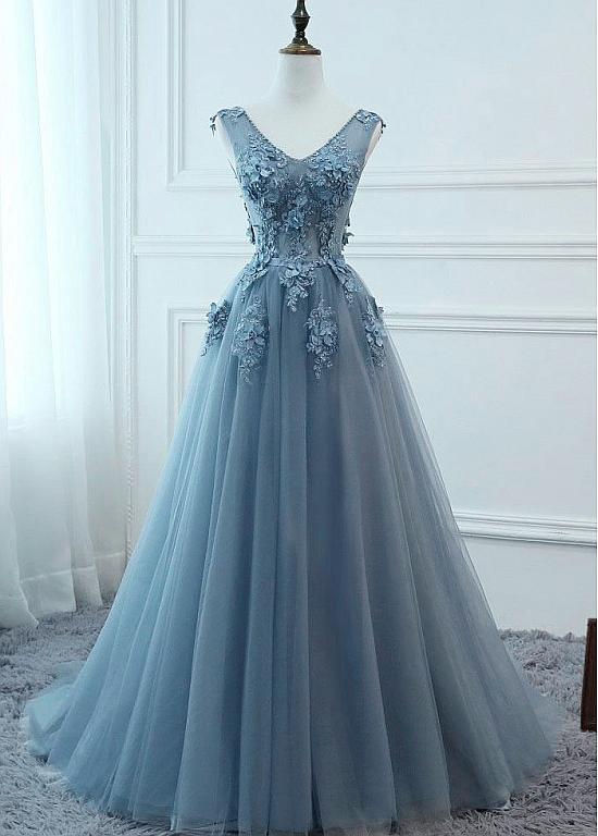 A-line V Neck Lace Tulle Floor Length Evening Prom Wedding Party Dress