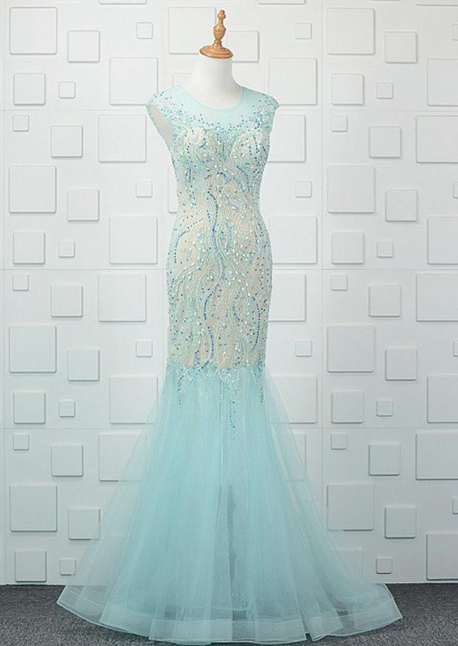 Winsome Lace & Tulle Jewel Neckline Floor-length Mermaid Evening Dresses With Beadings