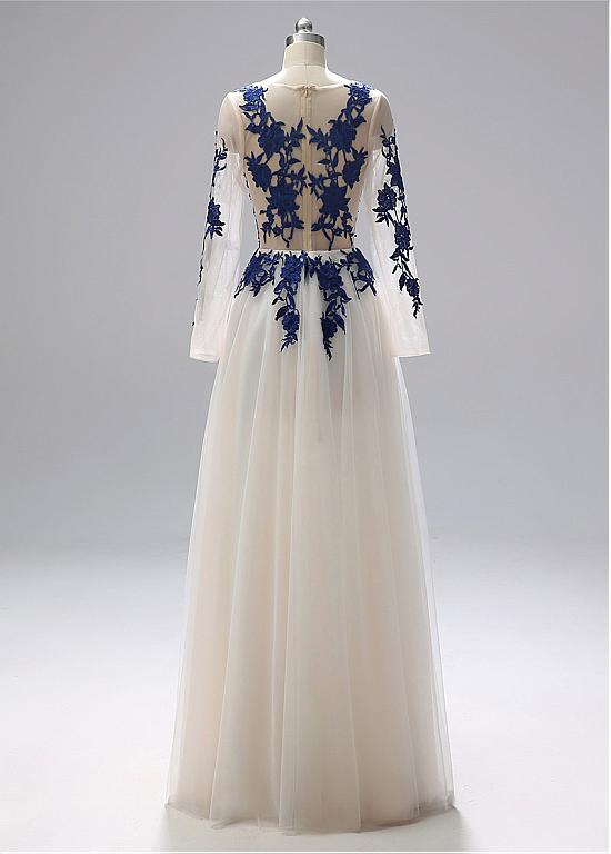A-Line Jewel Neckline Tulle Dress Ink Blue