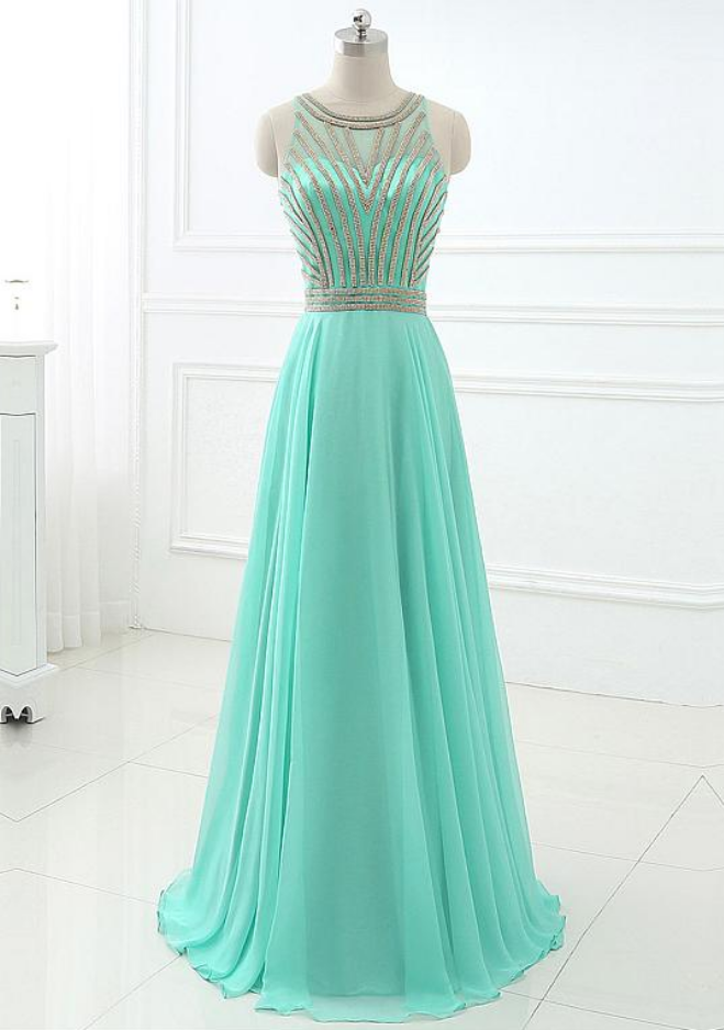 In Stock Pretty Chiffon & Tulle Jewel Neckline A-line Prom Dresses With Beadings