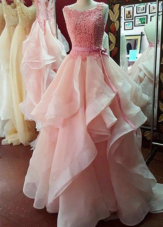 Graceful Tulle & Organza Satin Scoop Neckline A-line Prom Dresses With Beaded Lace Appliques