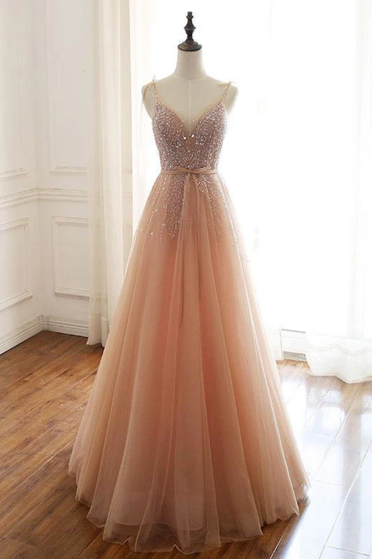 Sexy Straps Sleeveless Long Tulle Prom Dress With Beading, Floor Length Sparkly Evening Dress