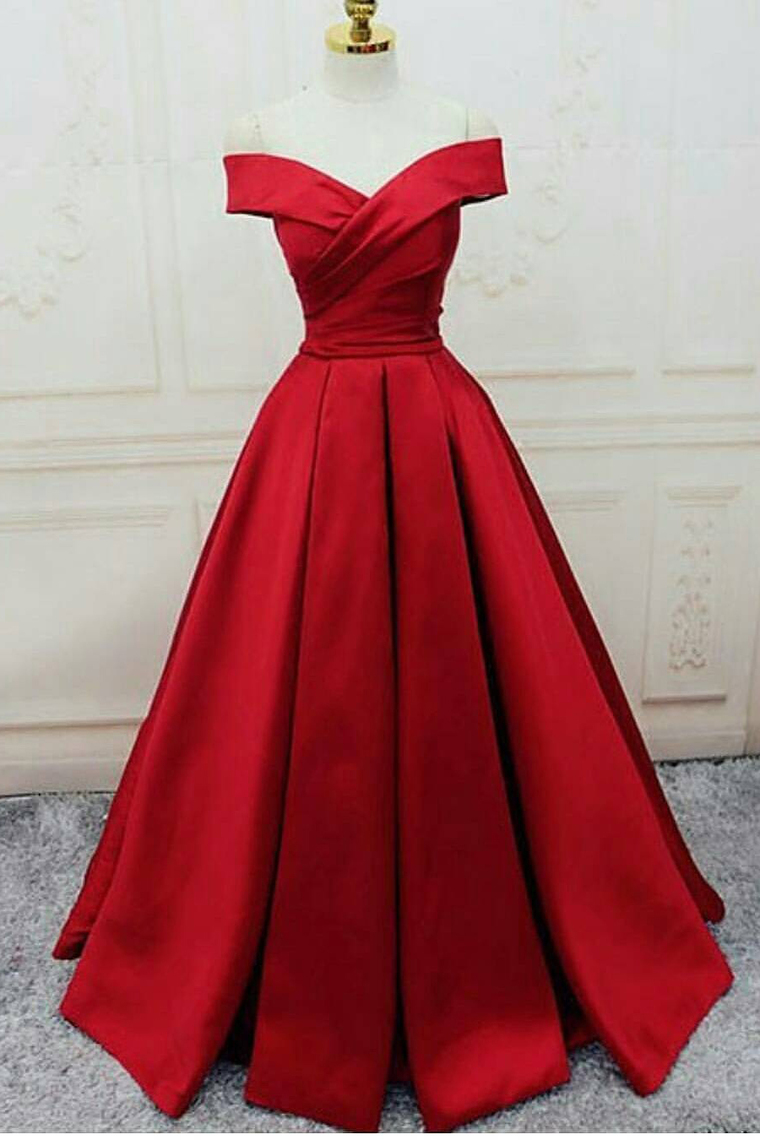 2019 Off The Shoulder Prom Dresses Satin Red Sweep Train Lace Up Back