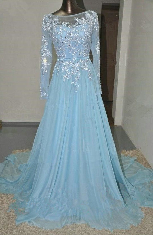 Charming Prom Dress Long Sleeve Prom Dress A-line Prom Dress,appliques Prom Dress Chiffon Prom Dresses,evening Gowns,lace Party Gowns