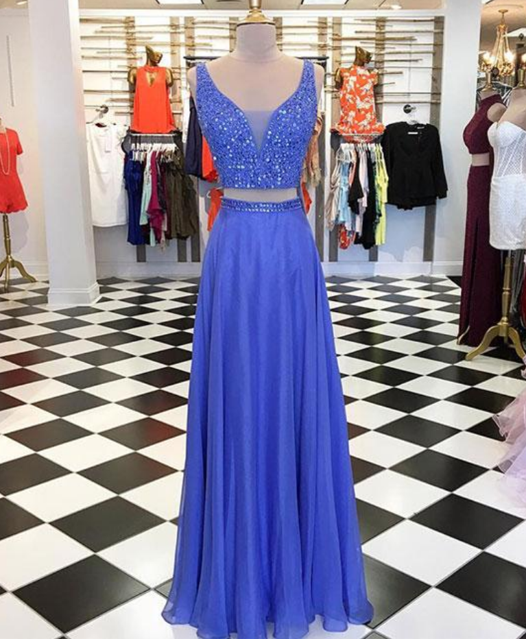 Stylish Two-piece V-neck Blue Chiffon Long Prom/evening Dress With Beading