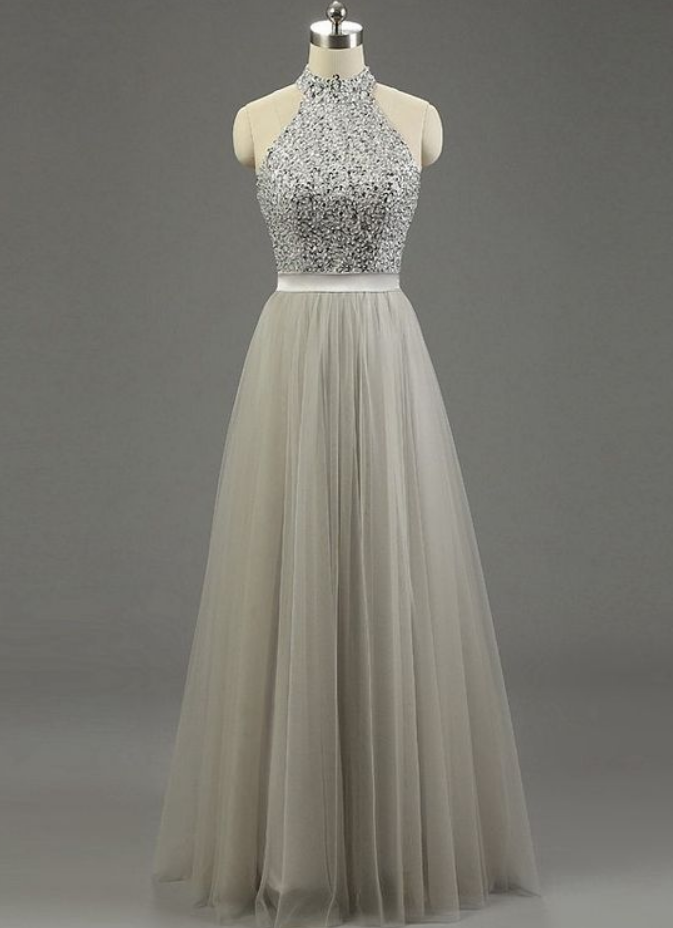 High Neck Gray Tulle Evening Dress,floor-length Beading Fashion Prom Dresses,evening Dress, Lace Prom Dress
