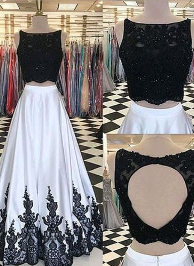 Sexy Two Piece Black Long Women's Prom Dress, Appliques Prom Dresses