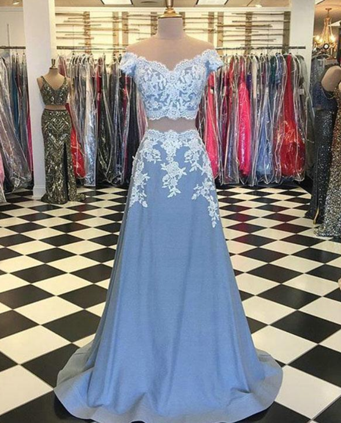 blue lace two piece dress Two Piece Novelty Knit and Lace Dress Set White / 14 main image 1
