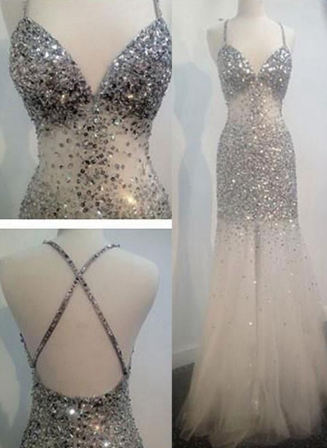 White Mermaid V Neck Long Prom Dress, White Evening Dress,long Beaded Open Back Evening Dress