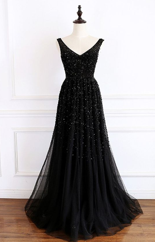 Gorgeous Black And Red V-Neckline Tulle Beaded Prom Dress, Long Evening Gown