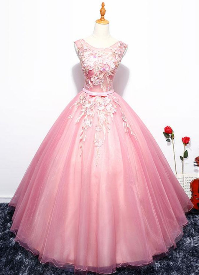 Pink Round Neck Evening Dress, Lace Tulle Long Prom Dress, A Line Evening Dress,lace Applique Formal Gowns, O Neck Sleeveless Ball Gowns, Lace