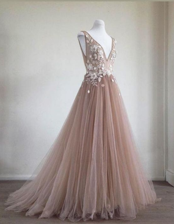 Pink Long Tulle Prom Dresses,formal Dress,prom Dress, Lace Appliques Evening Dresses