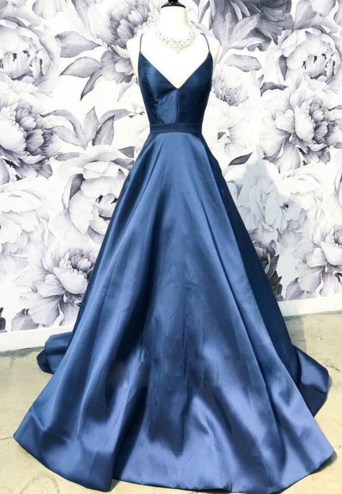 A-line Blue Spaghetti Straps Satin Prom Dresses,v-neck Blue Sexy Evening Party Dress
