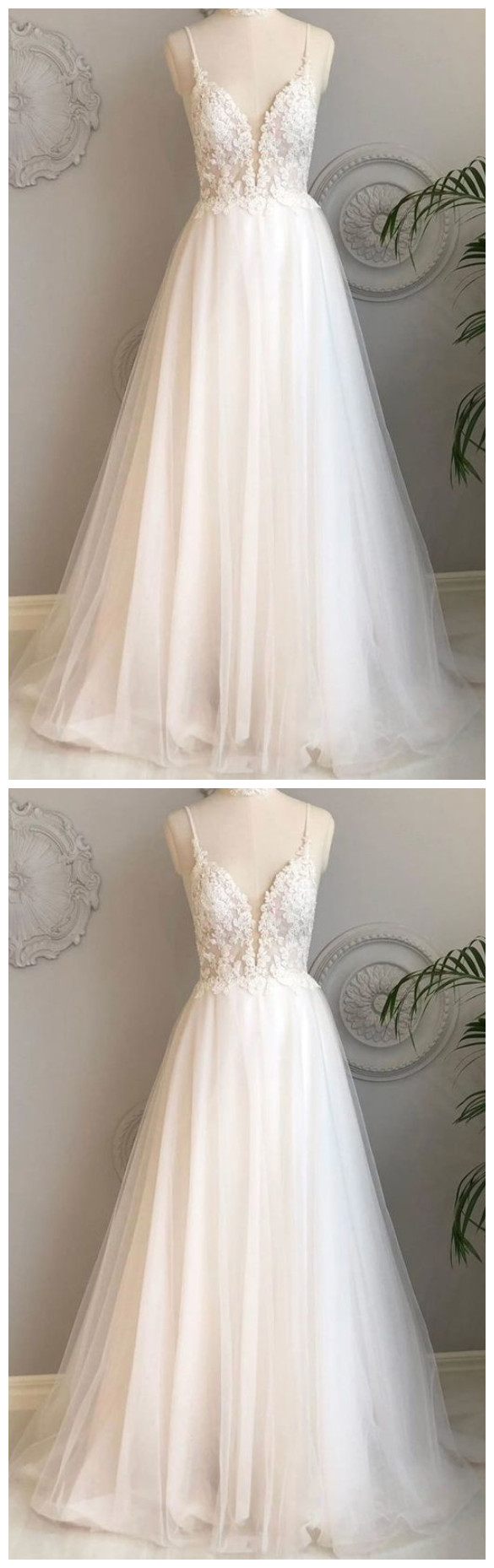 White V Neck Tulle Lace Long Prom Dress