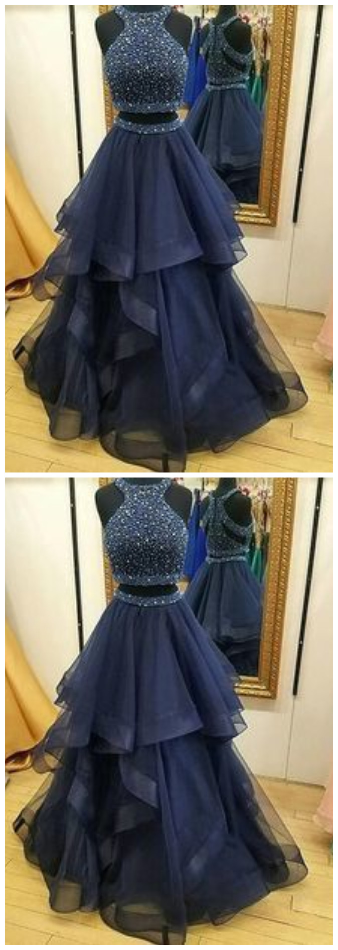 A-line/princess Sleeveless Halter Organza Beading Floor-length Two Piece Dresses