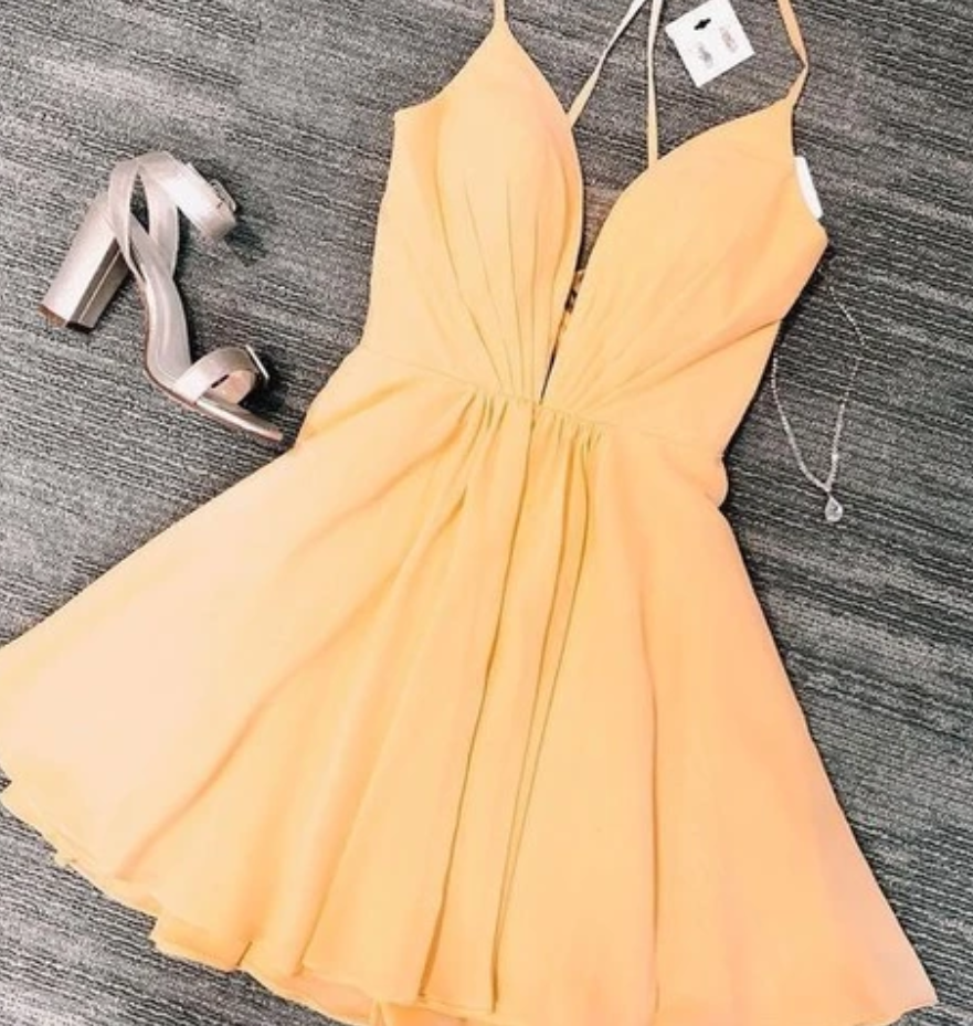 A Line Cocktail Party Dresses, Yellow Short Homecoming Dresses For Teens