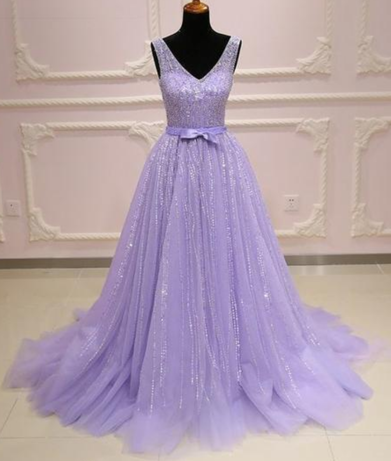 Lavender Tulle V Neck Long Customize A-line Sequins Senior Prom Dress With Bowknot