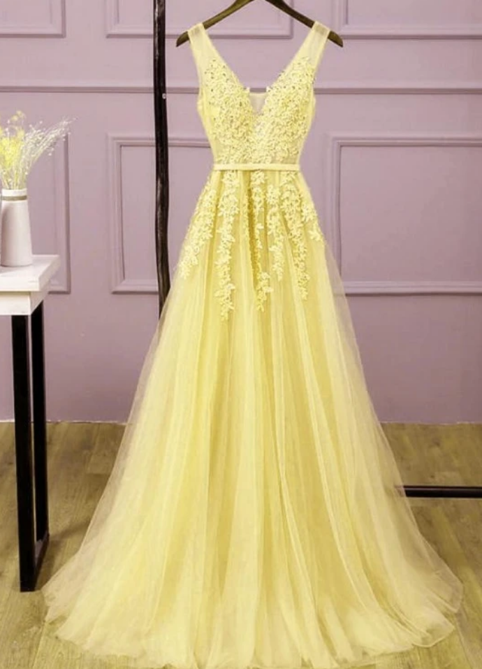 Long V-neckline Lace Applique And Tulle Bridesmaid Dress, Yellow Prom Dress Party Dress