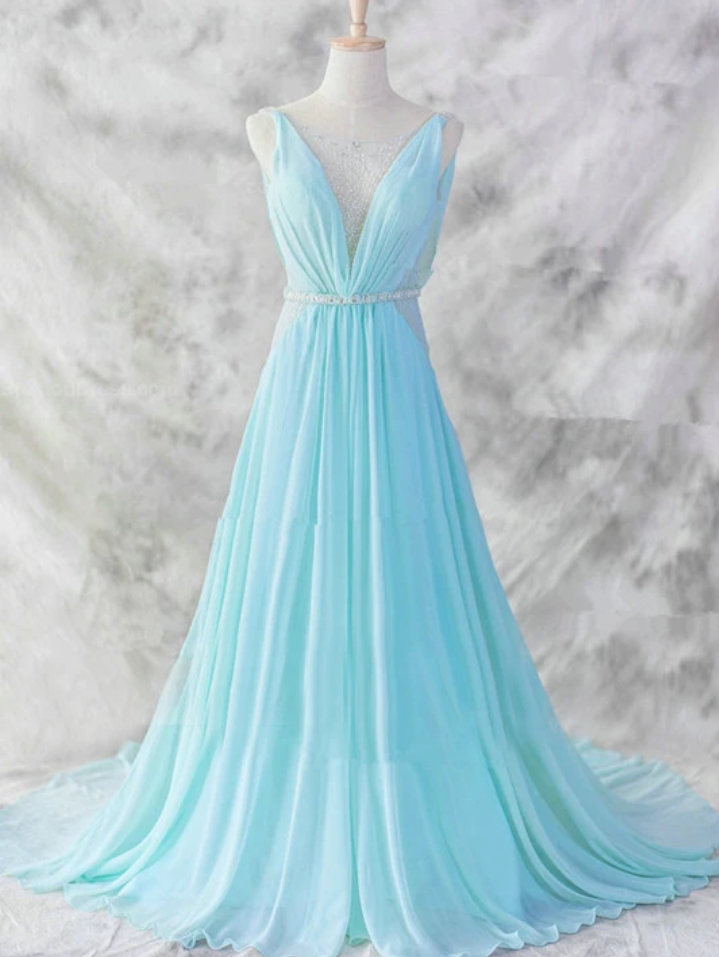 Chiffon Long Evening Dress, Blue Beaded Waist Wedding Party Dress