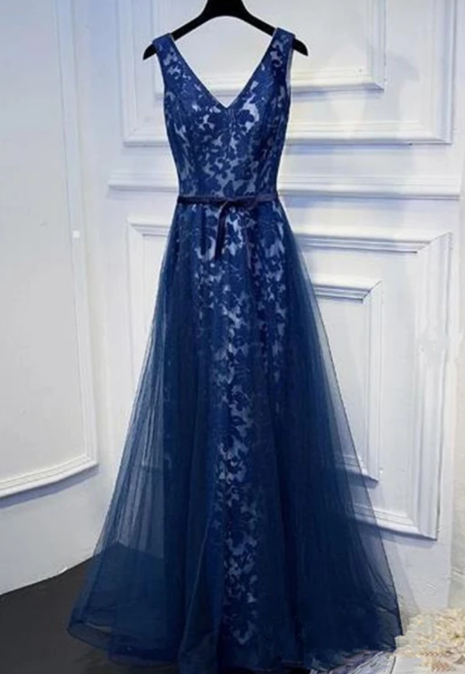 Lace Long V-neckline Prom Dress, A-line Party Dress