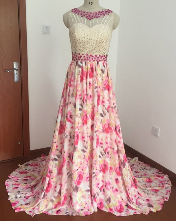 A-line Print Chiffon Long Prom Dresses With Crystal,