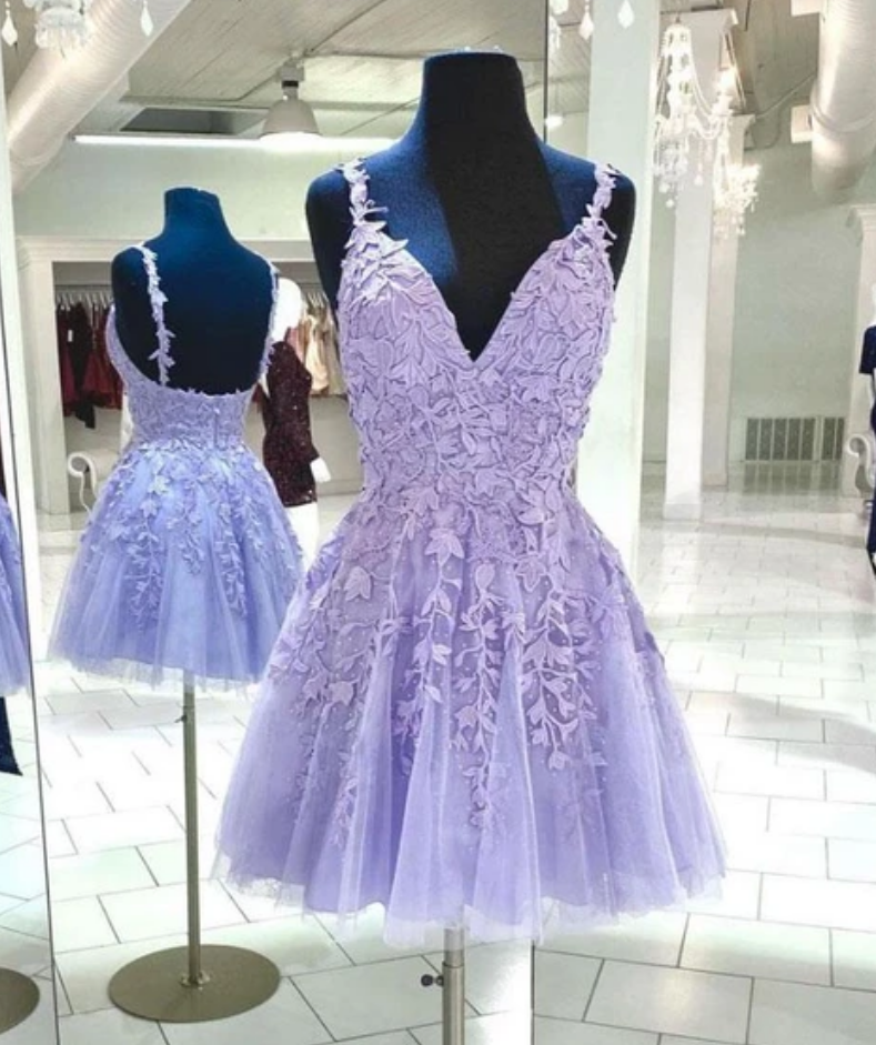 V Neck Tulle Lace Short Prom Dress Lace Cocktail Dress