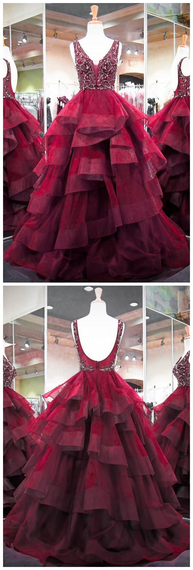 Burgundy Beaded Prom Dresses Ball Gown Pageant Dresses For Women V Neck Tiered Elegant Sleeveless Prom Gowns 2021