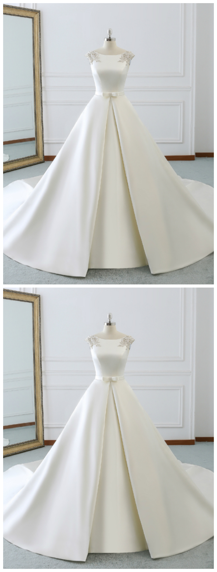 Satin Cap Sleeve Backless Wedding Dress With Pearls