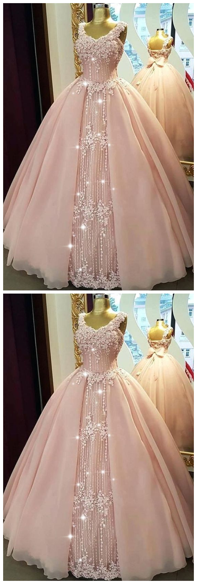 Fabulous Tulle & Organza V-neck Neckline Floor-length Ball Gown Quinceanera Dresses With Beaded Lace