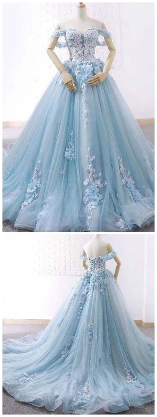 Ball Gown Delicate Florals Prom Gown Long Tulle Prom Dress With Chapel Train