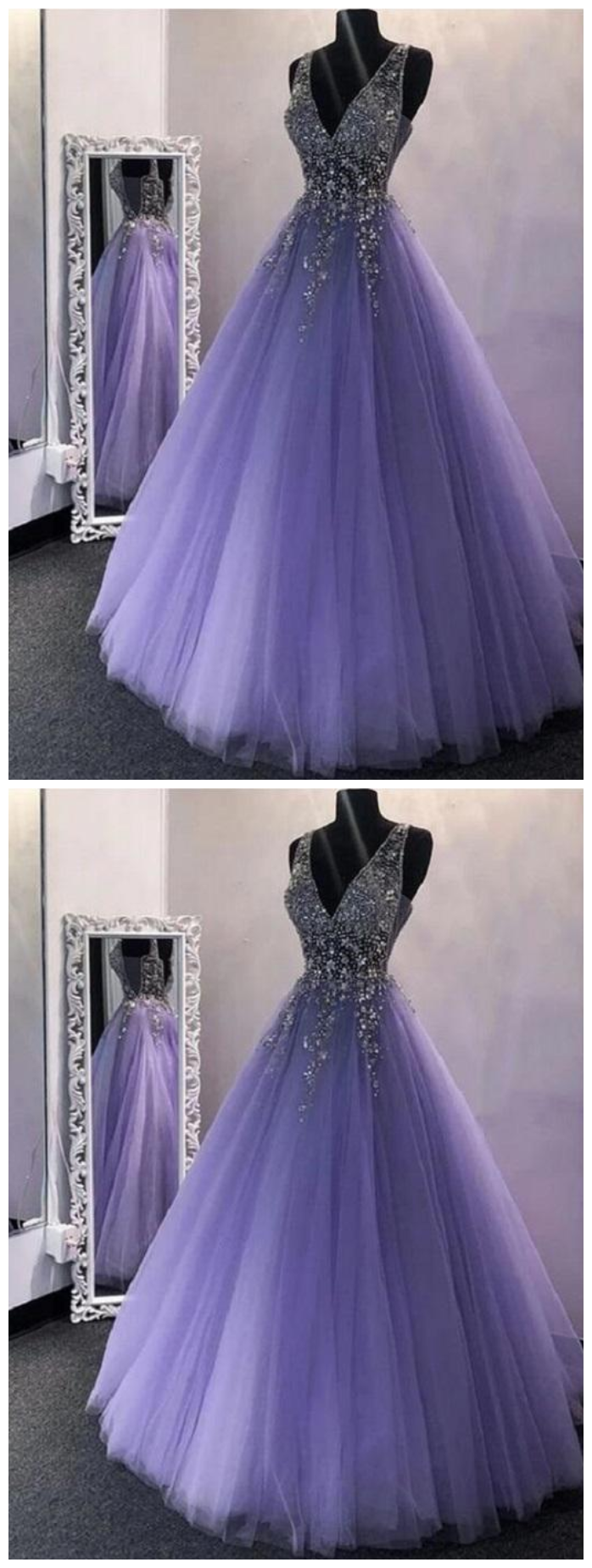 Sparkly Lavender Tulle Prom Dress Girls Slay Ball Gown Puffy Prom Dress