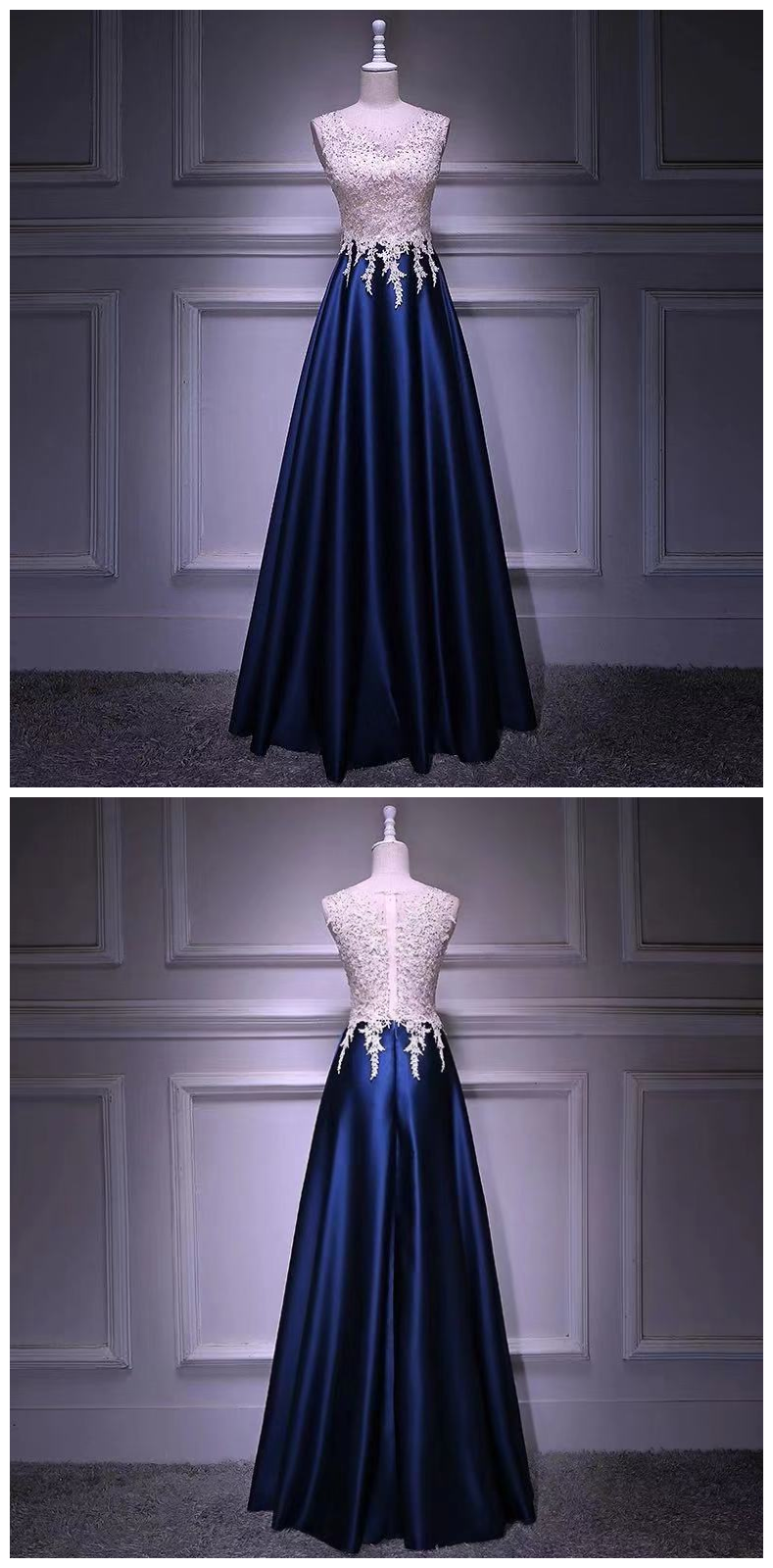 Party Dress Satin Long Prom Dress Lace Applique Evening Dress Round Neck  Formal Dress on Luulla