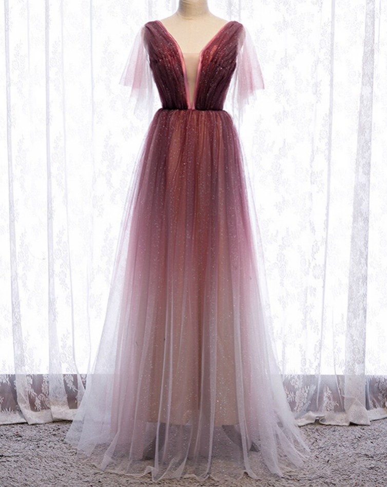 A-line Tulle Deep V-neck Pleats Prom Dress on Luulla