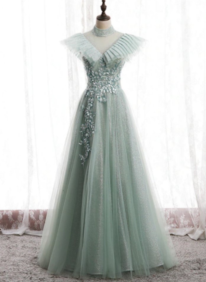 A-line Tulle Sequins High Neck Backless Appliques Prom Dress