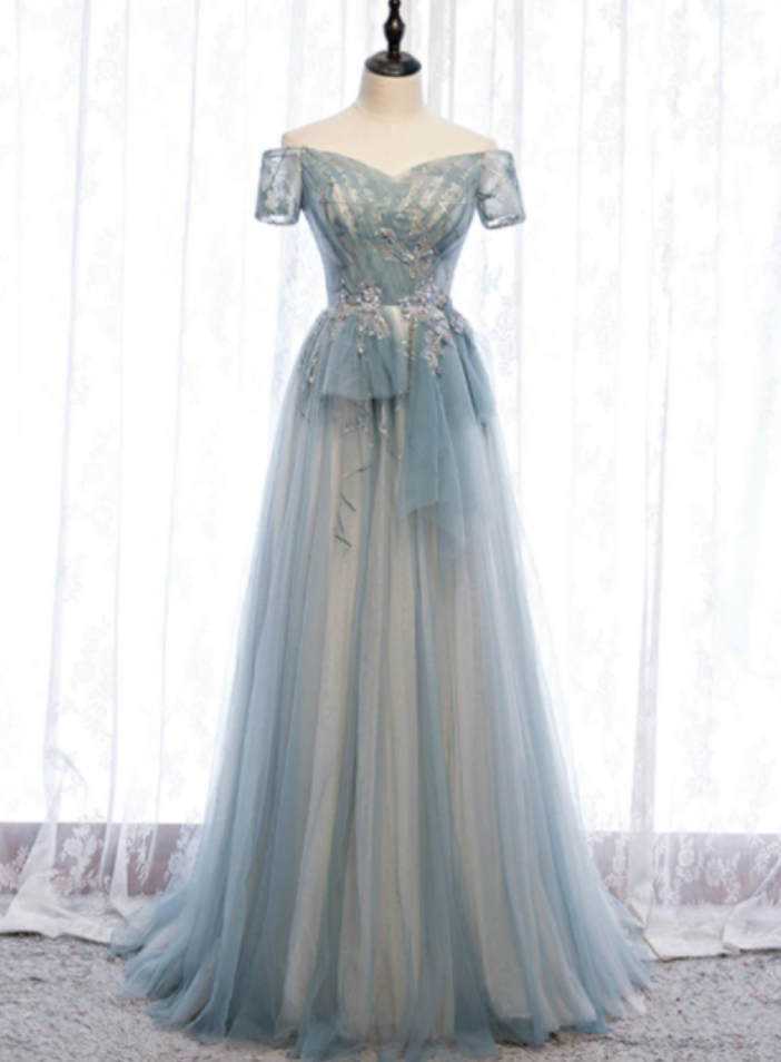 A-line Tulle Off The Shoulder Short Sleeve Prom Dress